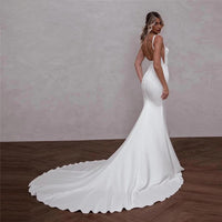 Vestidos de Noiva Elegantes Sereia para Mulheres com Alças de Espaguete, Costas Abertas, Gola Quadrada, Vestidos Nupciais Simples com Cauda Varredoura