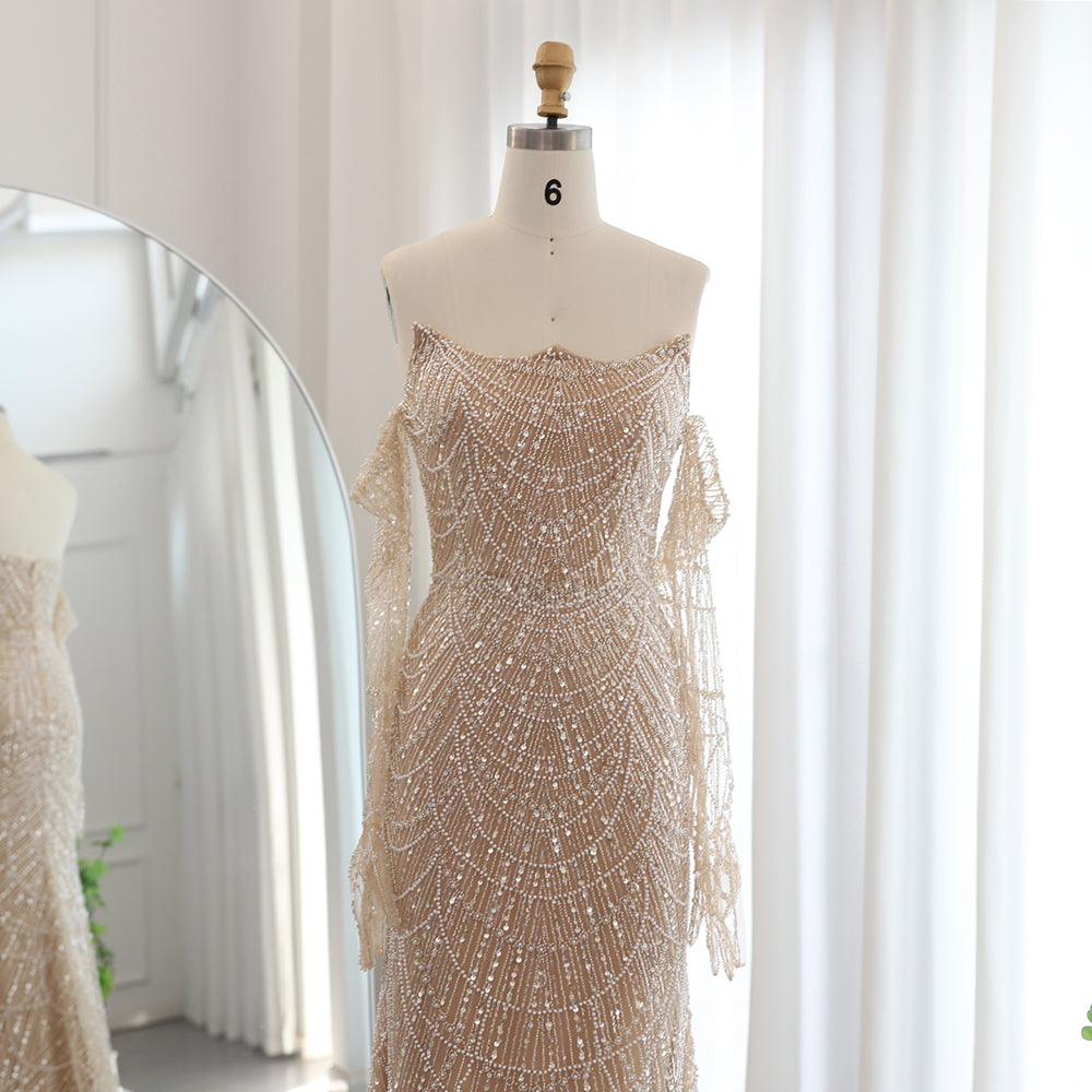 Vestidos de Noite de Sereia de Luxo com Luvas, Bordados e Lantejoulas, Vestido de Baile para Mulheres, Vestidos de Festa