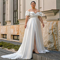 Satin Plus Size Wedding Dress Off Shoulder Pearls Flower Slit Bridal Gown Ms2503151