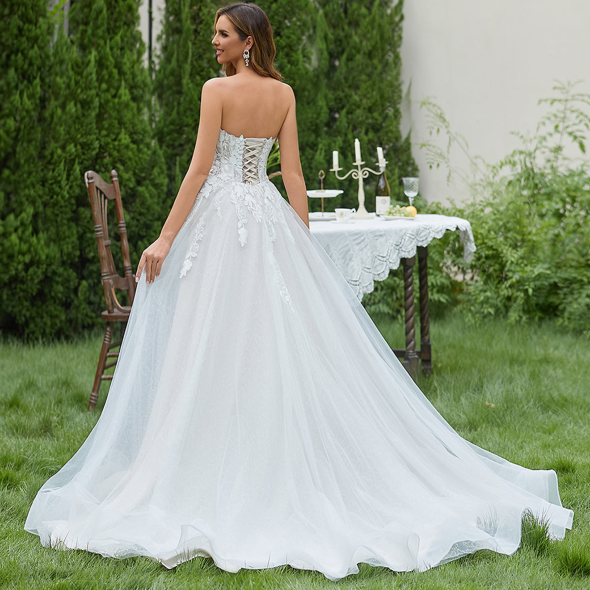 Vestidos de Noiva Elegantes em Renda para Mulheres, Linha A, Sem Mangas, Decote em V, Vestidos Nupciais de Luxo