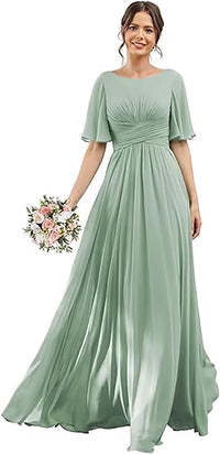 Vestido de Dama de Honra para Mulheres com Mangas de Folha em Chiffon Vestido de Noite para Festa de Casamento