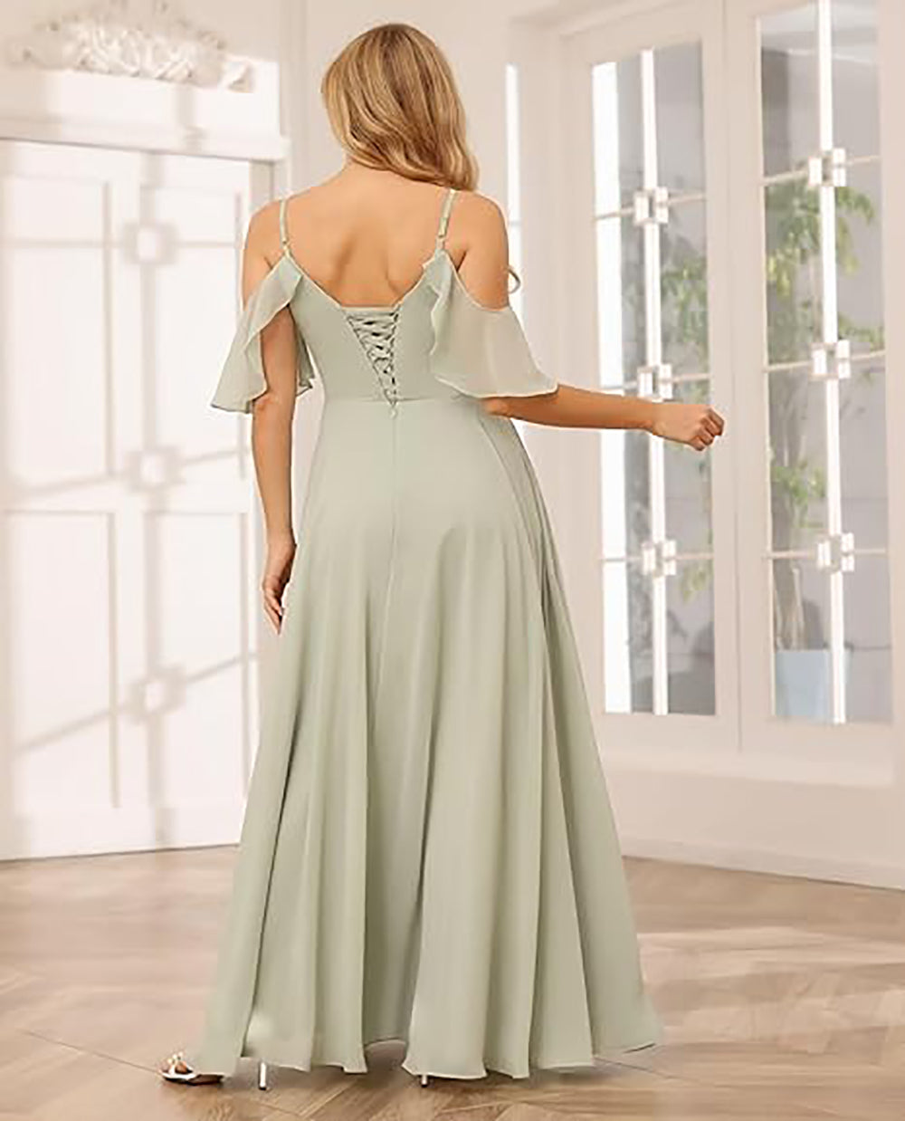 Abito da damigella con spalline sottili, spacco, chiffon plissettato, scollo a barca, linea ad A, abito formale da sera per donna