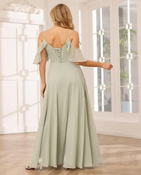 Abito da damigella con spalline sottili, spacco, chiffon plissettato, scollo a barca, linea ad A, abito formale da sera per donna