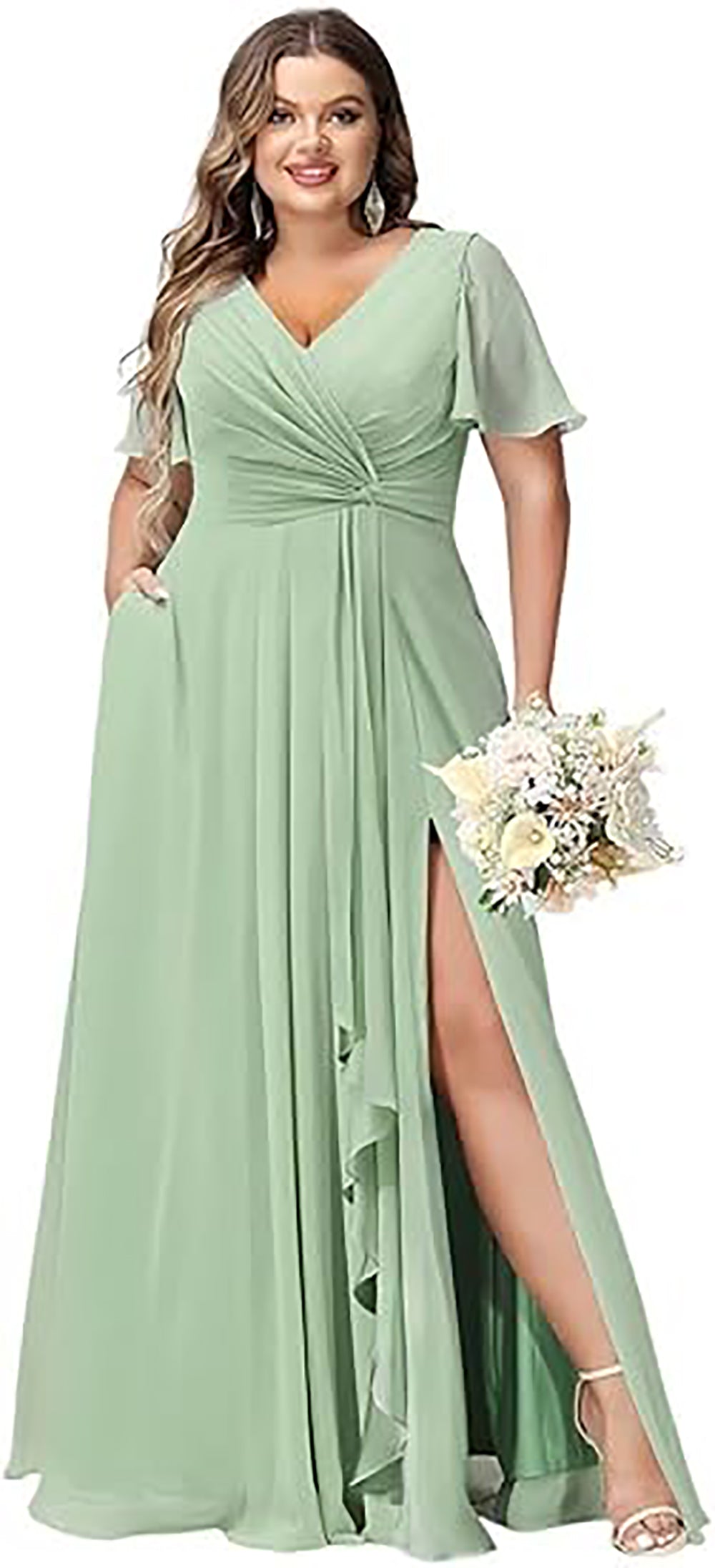 Vestido de Dama de Honra Comprido com Mangas de Folha, Bolsos, Chiffon Franzido, Corte Longo em A, Vestido Formal para Festa com Fenda