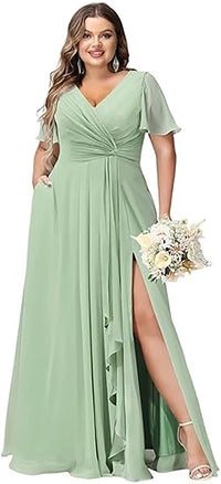 Vestido de Dama de Honra Comprido com Mangas de Folha, Bolsos, Chiffon Franzido, Corte Longo em A, Vestido Formal para Festa com Fenda