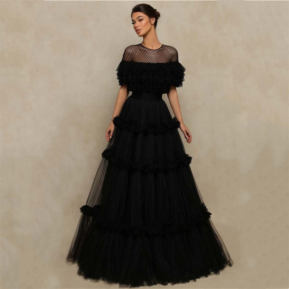 Robe de soirée élégante en tulle noir à plusieurs niveaux, robe de bal de princesse à pois superposés