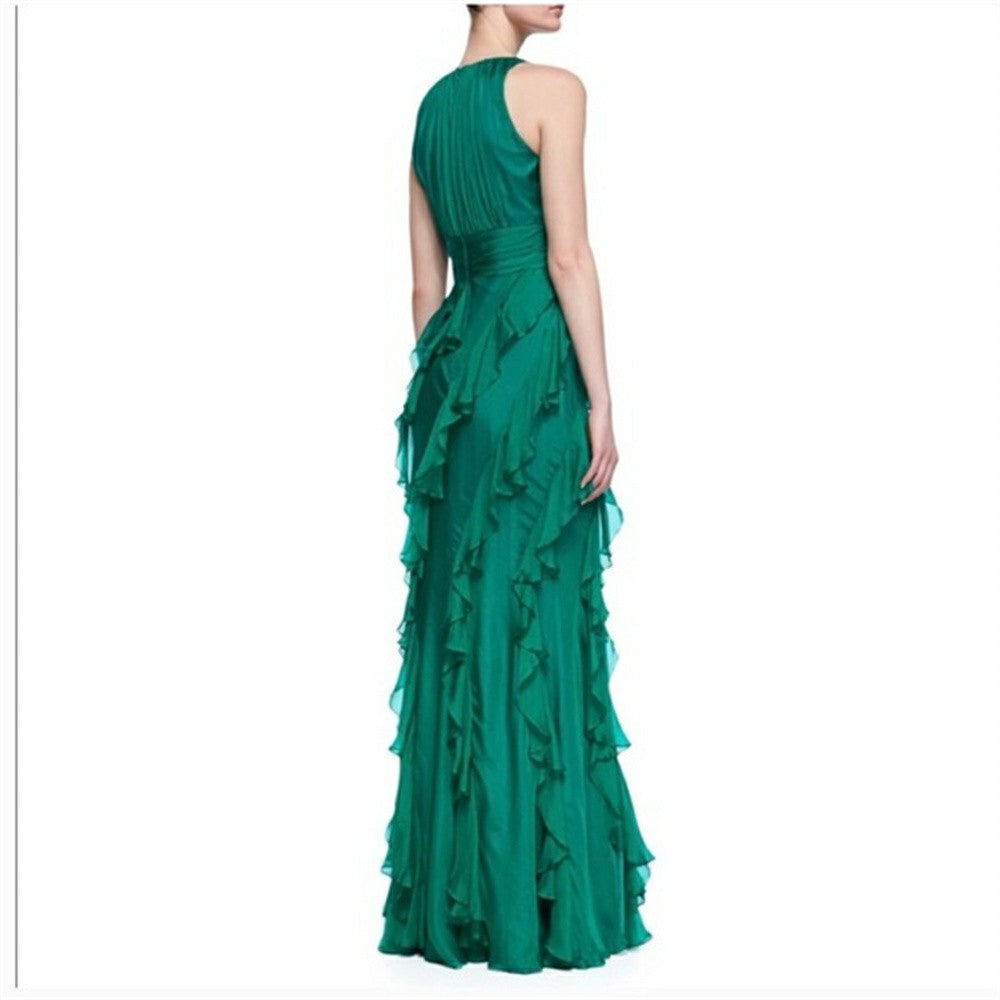 Robe de soirée élégante à volants verts pour femme, robe de soirée à col rond, robe de soirée formelle