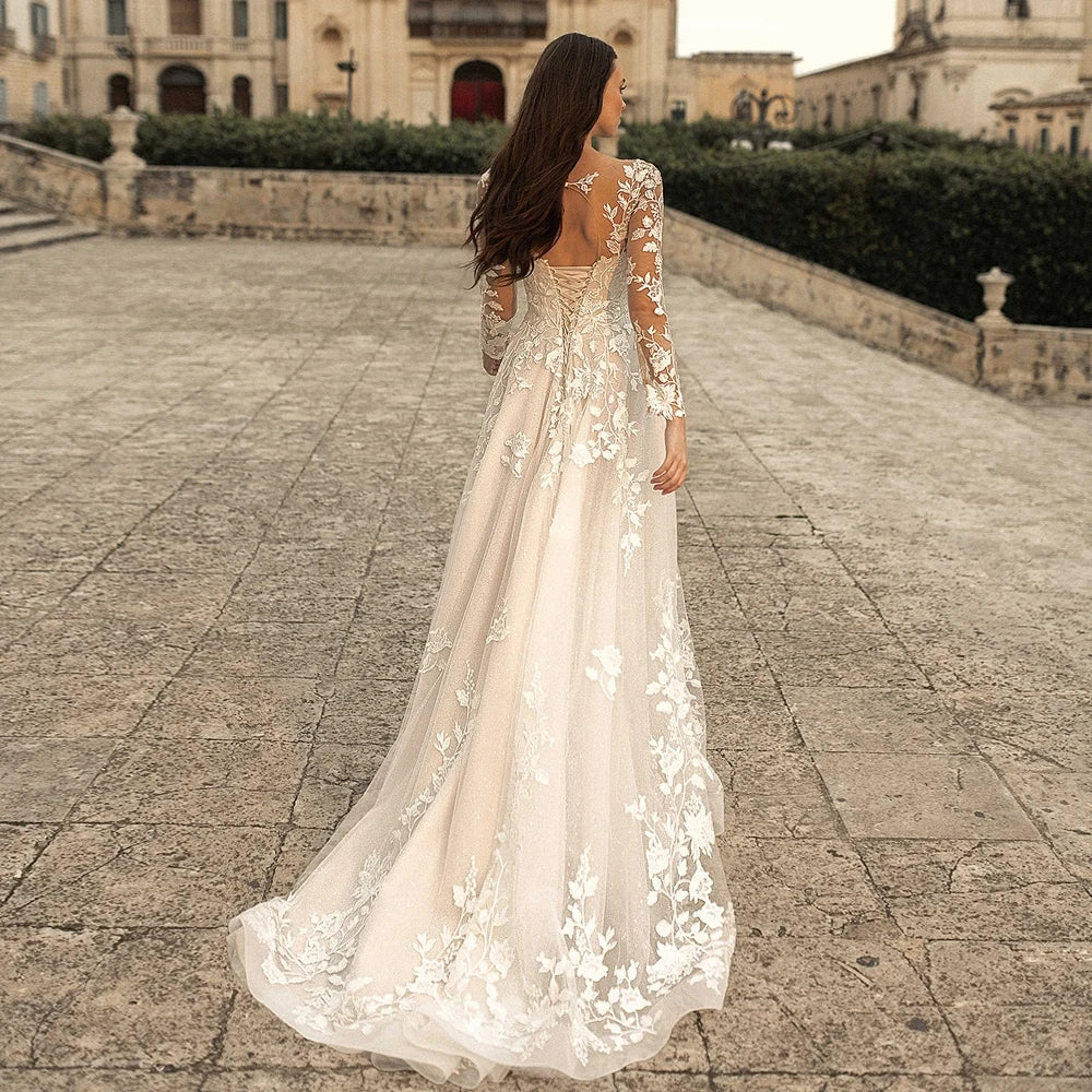 Champange Wedding Dresses Lace Up Corset A-Line Appliques Long Sleeves Boho Bride Dress Plus Size