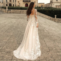 Champange Wedding Dresses Lace Up Corset A-Line Appliques Long Sleeves Boho Bride Dress Plus Size