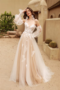 Detachable Long Puff Sleeves Wedding Dress V-neck Lace Flore Boho Bridal Dress Ms2503182