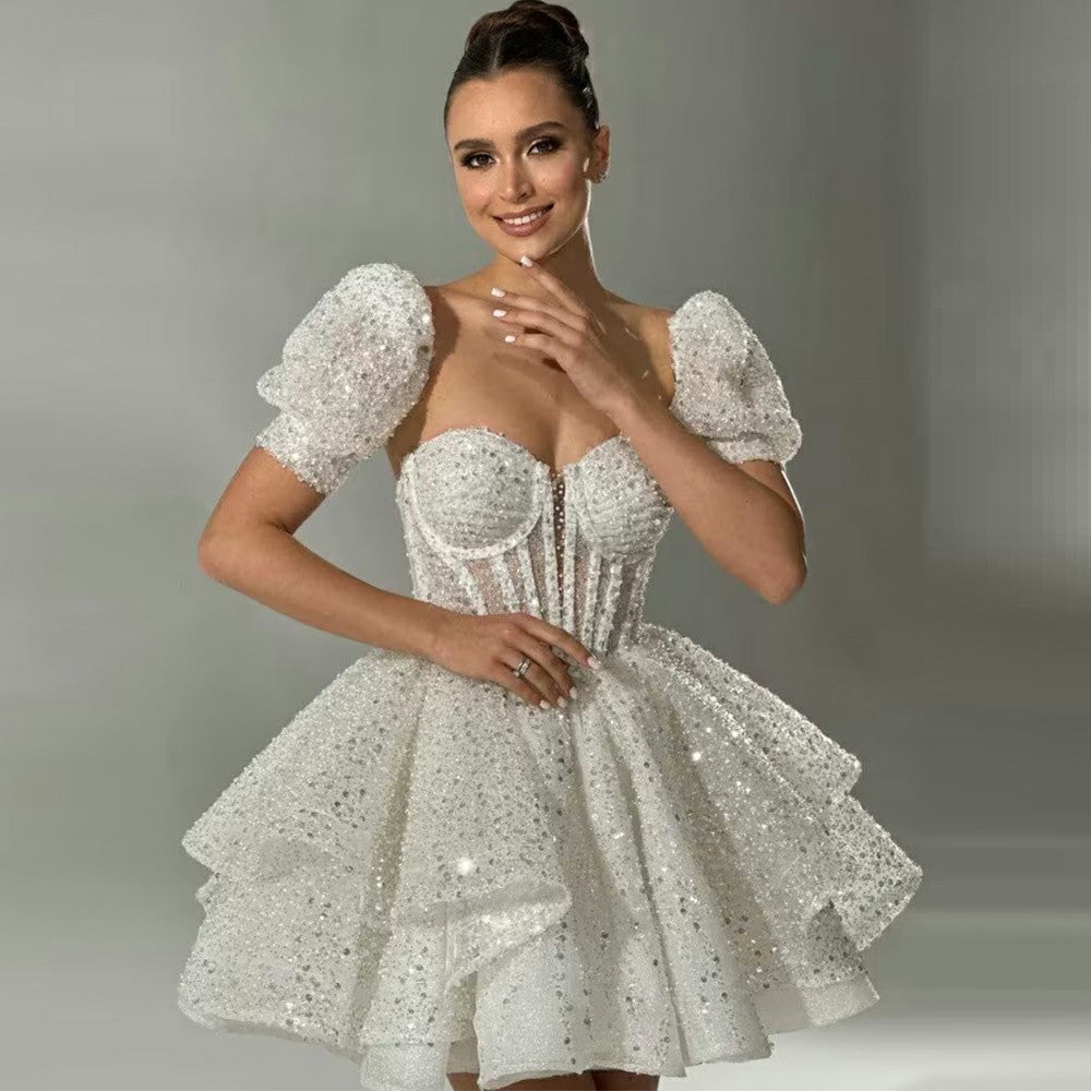 Litter Puff Sleeve Short Corset Wedding Party Dress Sparkling Layered Bridal Gown