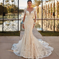 Boho Sheer O-neck Mermaid Wedding Dress Classic Lace Appliques Long Sleeves Elegant Bridal Gown