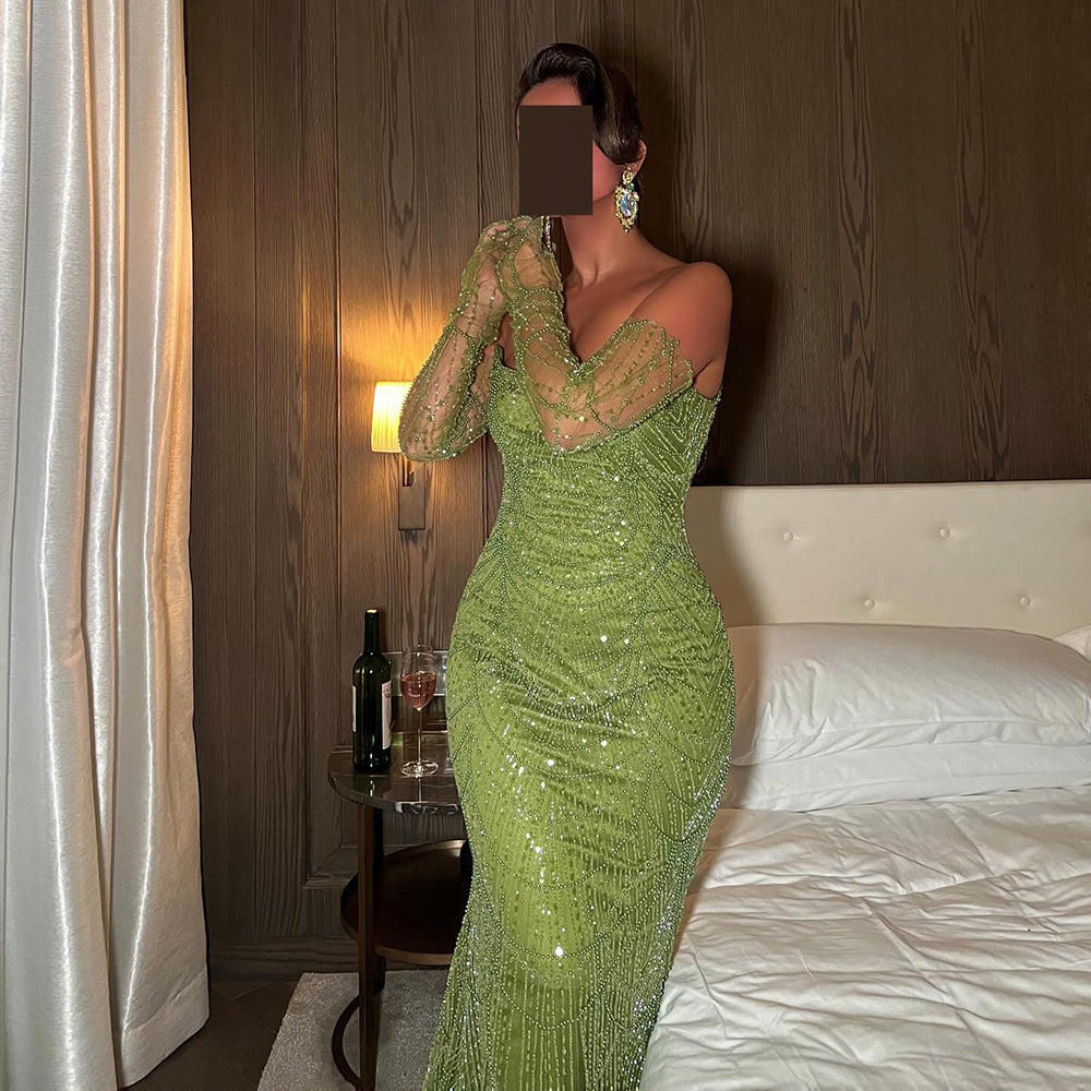 Vestidos de Noite de Sereia de Luxo com Luvas, Bordados e Lantejoulas, Vestido de Baile para Mulheres, Vestidos de Festa