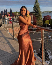 Elegant Satin Corset Evening Gown Floor Length Side Slit Sexy Party Dress Prom Formal Events