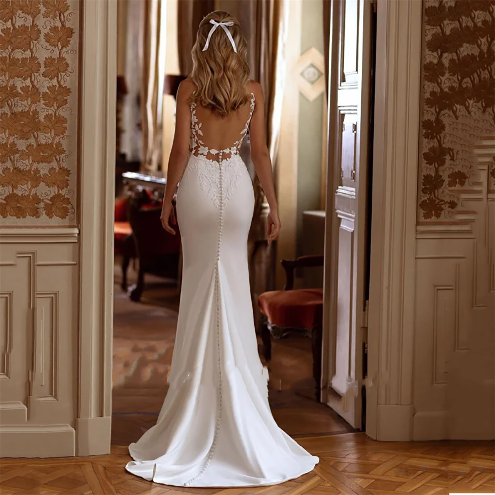 Elegant Mermaid Wedding Dresses Women Open Back V-Neck Lace Spaghetti Straps Bridal Gown Sweep Train