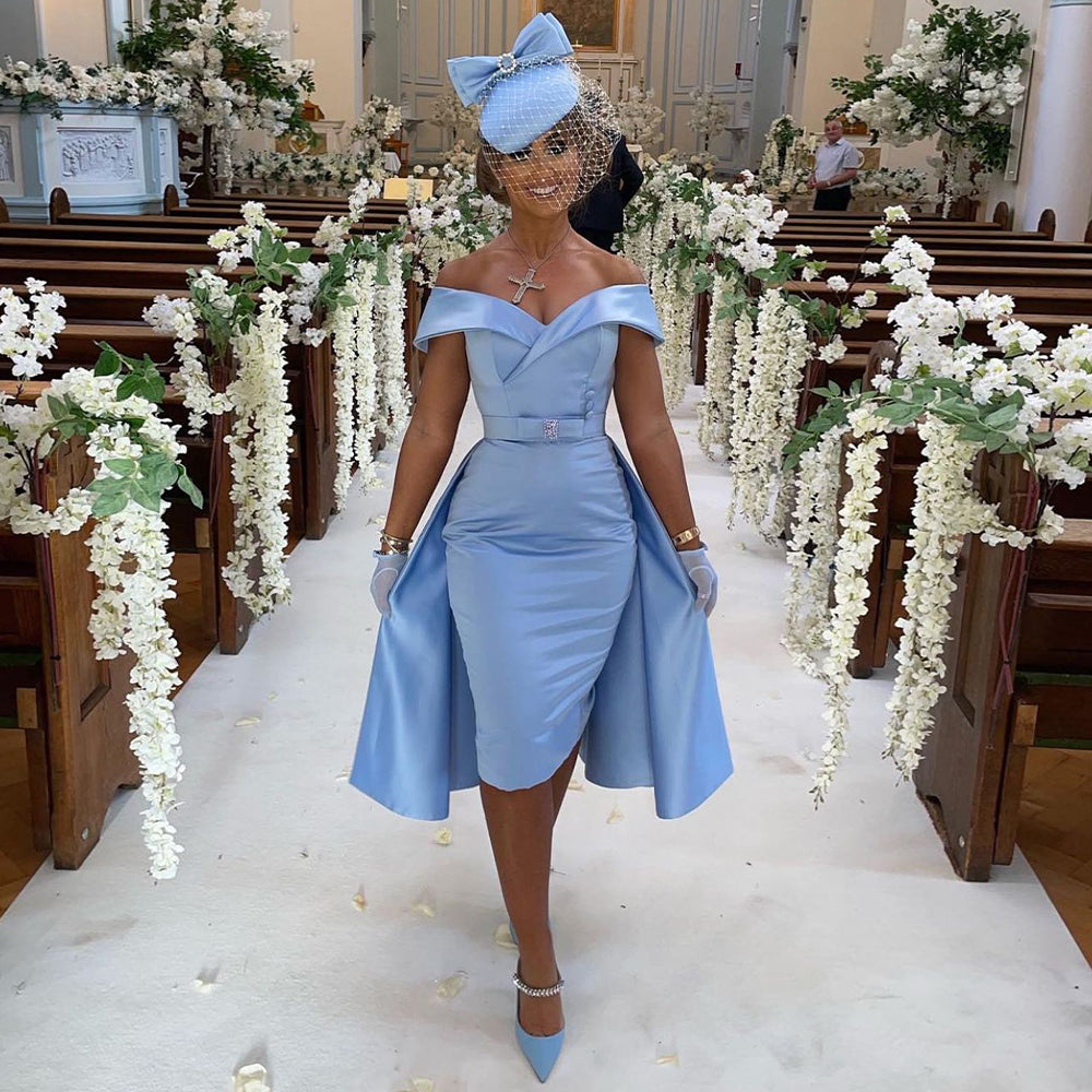 Abito da sera midi personalizzato con spalle scoperte e sovragonna, abito da cerimonia per invitata a matrimonio, abito da damigella