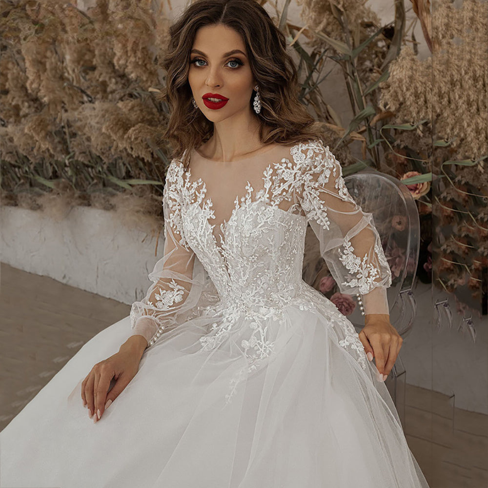 Abiti da sposa manica lunga applicazioni pizzo fiori 3D abito da sposa boho Ms2503243