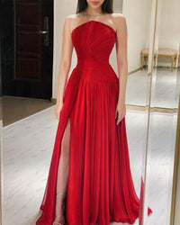Abito da sera rosso elegante in chiffon senza spalline con spacco alto, lungo, da ballo per feste