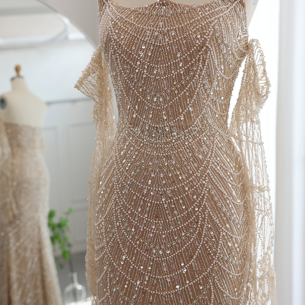 Vestidos de Noite de Sereia de Luxo com Luvas, Bordados e Lantejoulas, Vestido de Baile para Mulheres, Vestidos de Festa