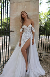 Off The Shoulder Wedding Dresses for Bride Tulle Bridal Gowns Sexy Split Long Boho Wedding Dress