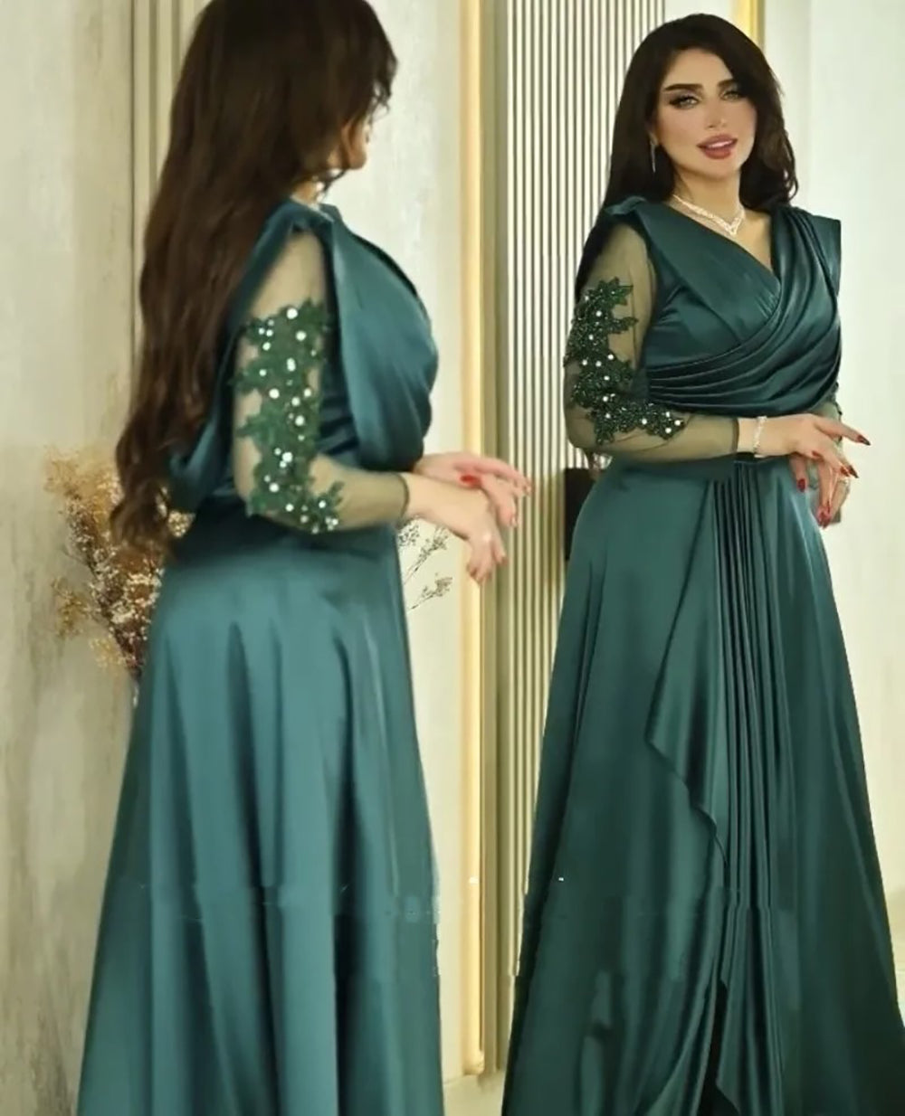 Robe de soirée à col en V avec appliques et perles, manches longues, robe de soirée formelle