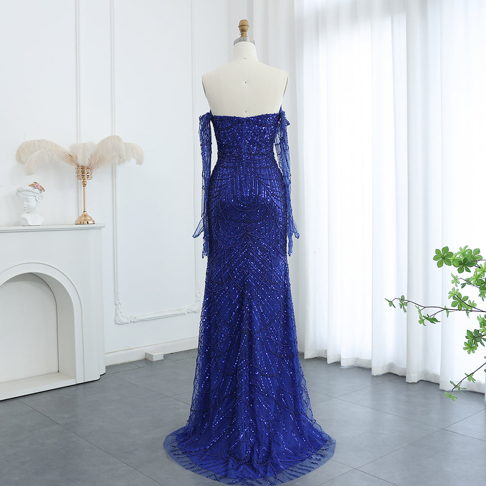 Vestidos de Noite de Sereia de Luxo com Luvas, Bordados e Lantejoulas, Vestido de Baile para Mulheres, Vestidos de Festa