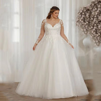 Long Sleeve Lace Plus Size Wedding Dress A-line Tulle Bridal Gown with Appliques Ms2503161