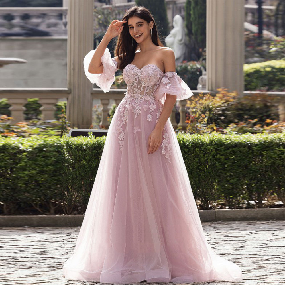 Vestido de Noite Elegante em Tule Ombros Descobertos Vestido de Festa Aplicações de Renda Floral Vestido de Baile Ms2503271
