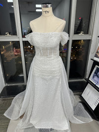 Abito da sposa con paillettes scintillanti, scollo a barca, abito da sposa sirena con strascico staccabile