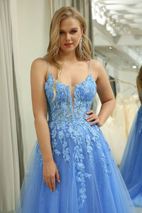 Vestido de Baile Formal Elegante com Aplicação de Renda Azul, Alças Finas e Tule com Ilusão Ms2504101