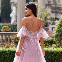 Vestido de Noite Elegante em Tule Ombros Descobertos Vestido de Festa Aplicações de Renda Floral Vestido de Baile Ms2503271