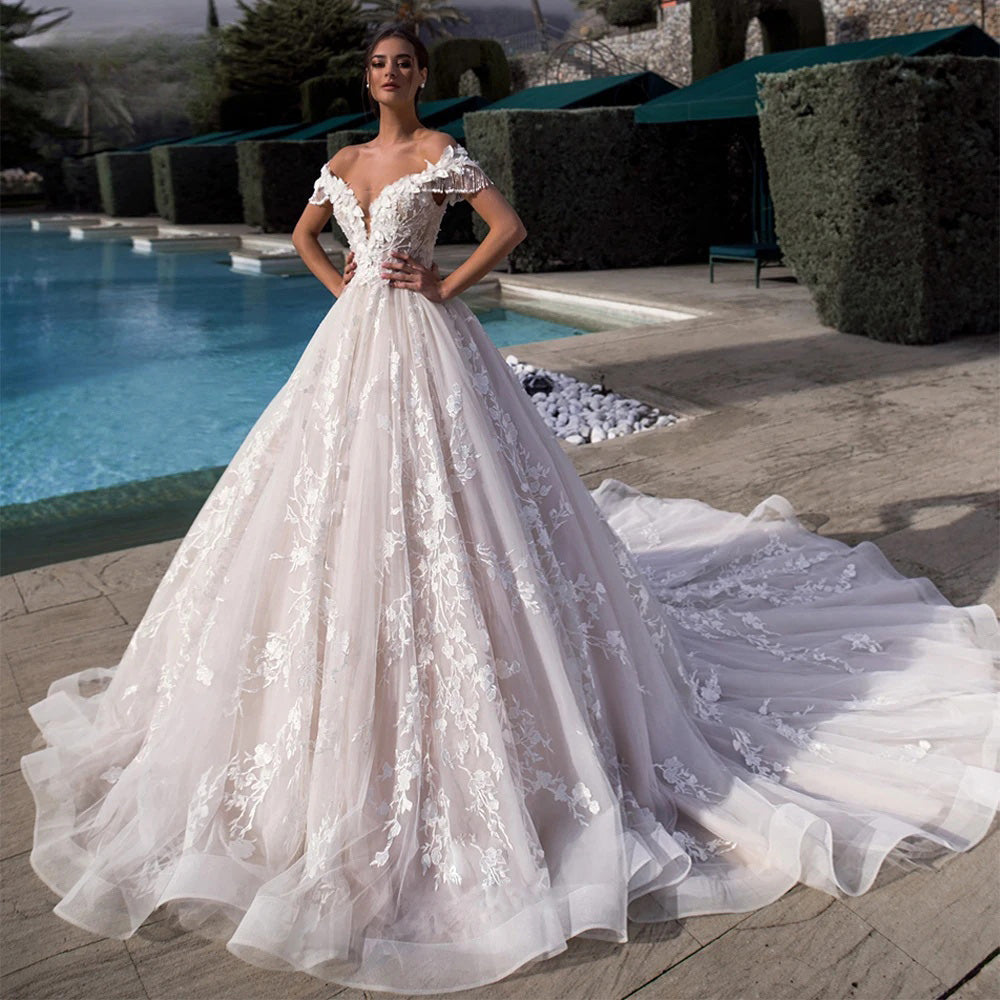 Off The Shoulder A Line Lace Wedding Dresses Appliques Lace Up Bride Dress Bridal Gown Plus Size