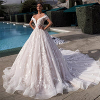 Off The Shoulder A Line Lace Wedding Dresses Appliques Lace Up Bride Dress Bridal Gown Plus Size