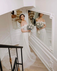 Abito da sposa con paillettes scintillanti, scollo a barca, abito da sposa sirena con strascico staccabile