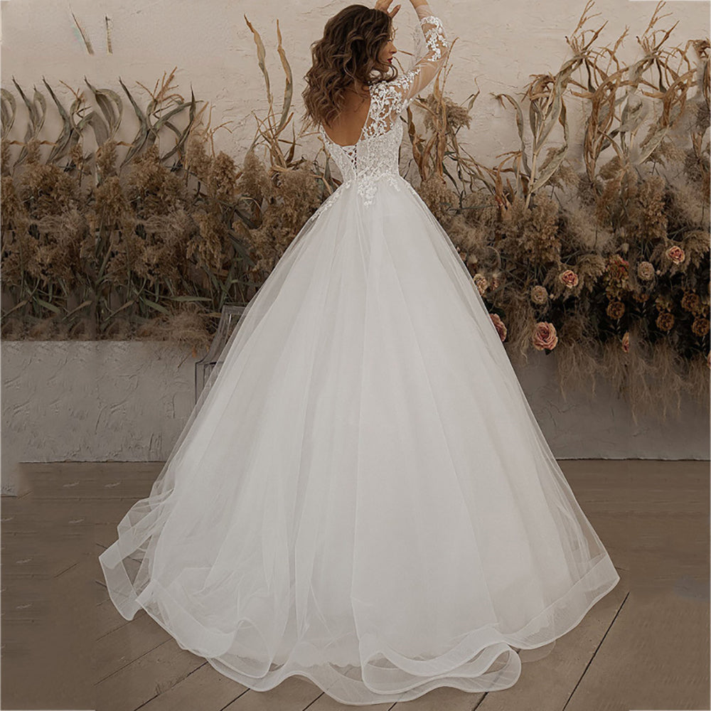 Abiti da sposa manica lunga applicazioni pizzo fiori 3D abito da sposa boho Ms2503243