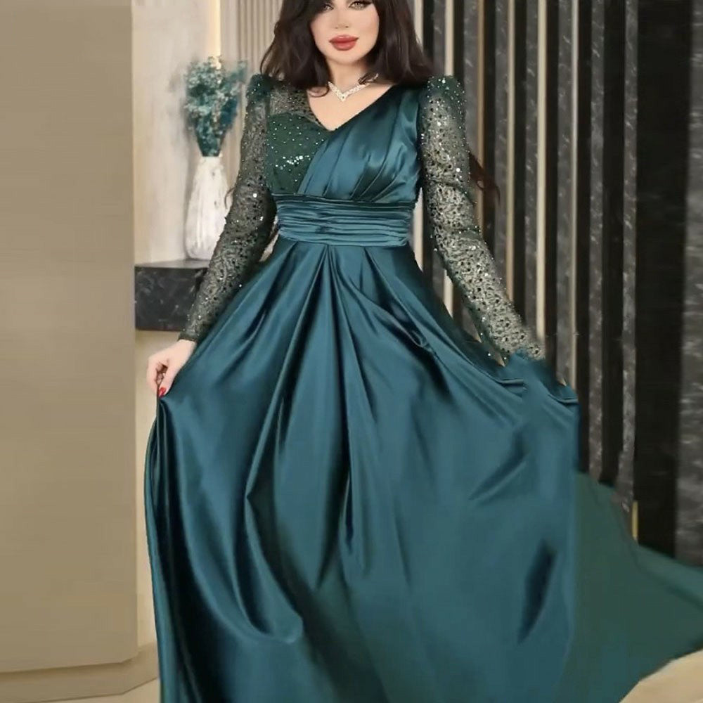 Abito da sera di lusso con scollo a V, rosa polvere, paillettes, maniche lunghe, abito da festa per ballo e matrimonio
