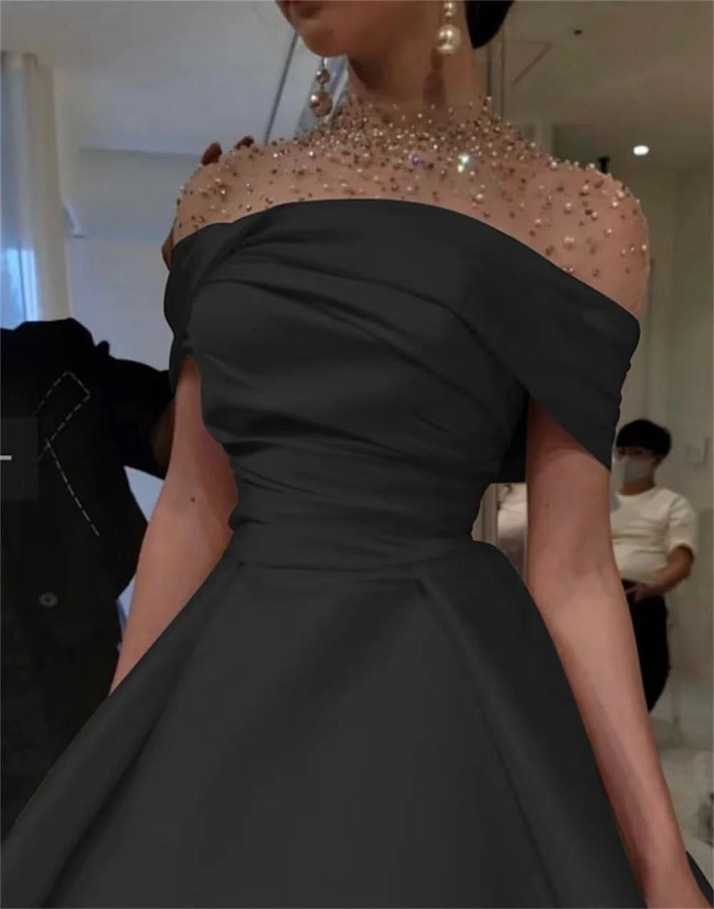 Abito da cerimonia da donna a linea ad A con collo alto, perline, abito da sera in raso di lusso, elegante abito da ballo