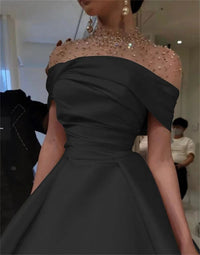 Abito da cerimonia da donna a linea ad A con collo alto, perline, abito da sera in raso di lusso, elegante abito da ballo