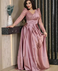 Abito da sera di lusso con scollo a V, rosa polvere, paillettes, maniche lunghe, abito da festa per ballo e matrimonio