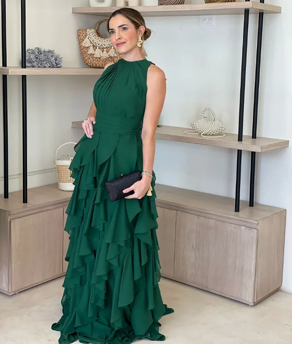 Robe de soirée élégante à volants verts pour femme, robe de soirée à col rond, robe de soirée formelle
