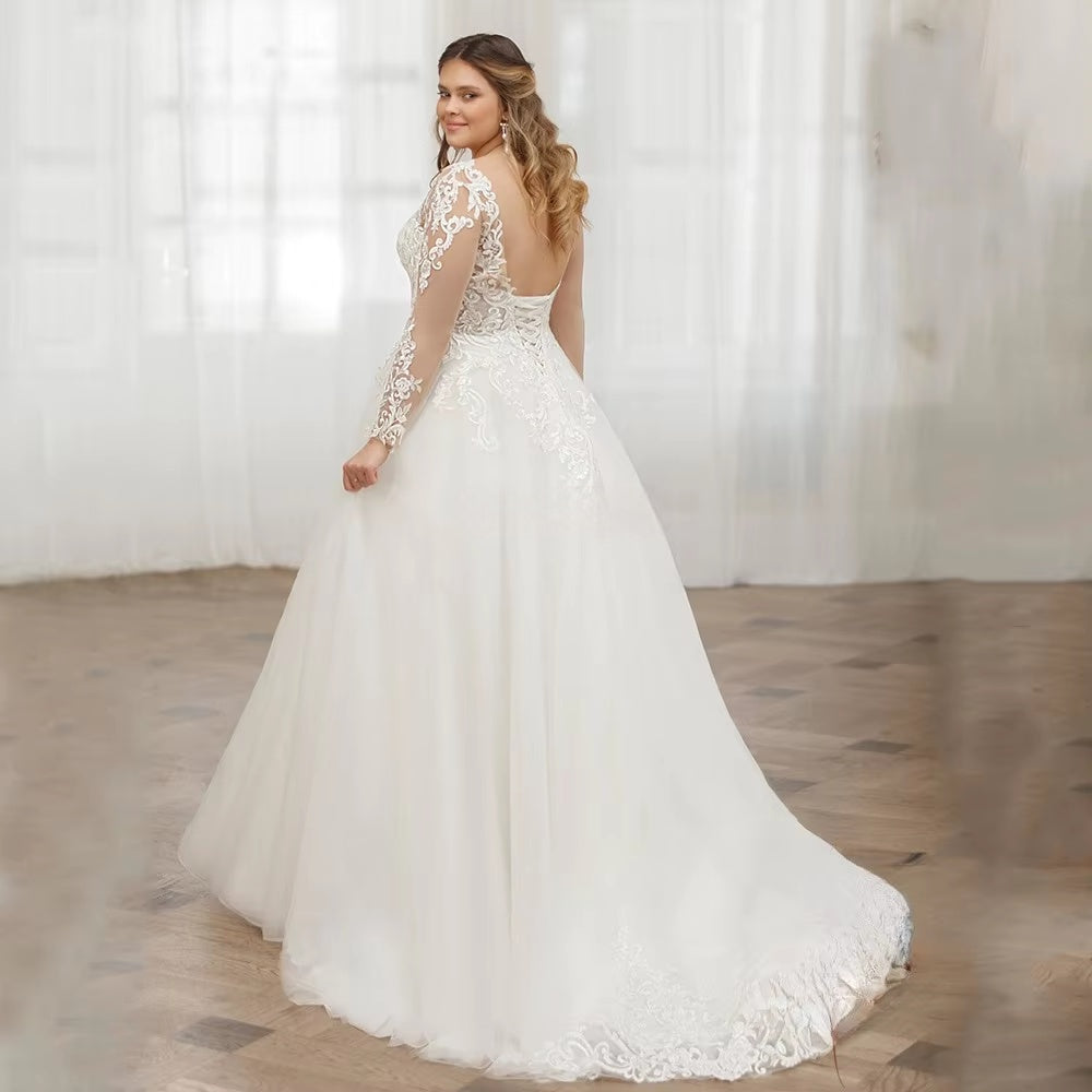 Long Sleeve Lace Plus Size Wedding Dress A-line Tulle Bridal Gown with Appliques Ms2503161