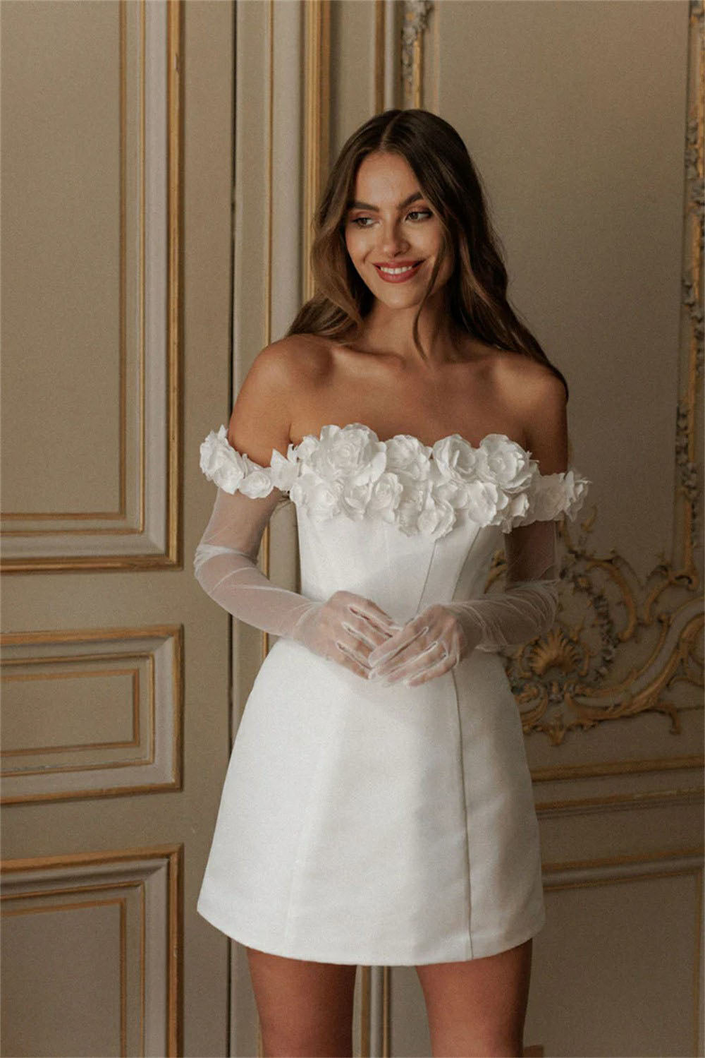 Romantic Floral Off Shoulder Mini Bridal Dress Short 3D Flowers Corset Wedding Dress Ms2504234