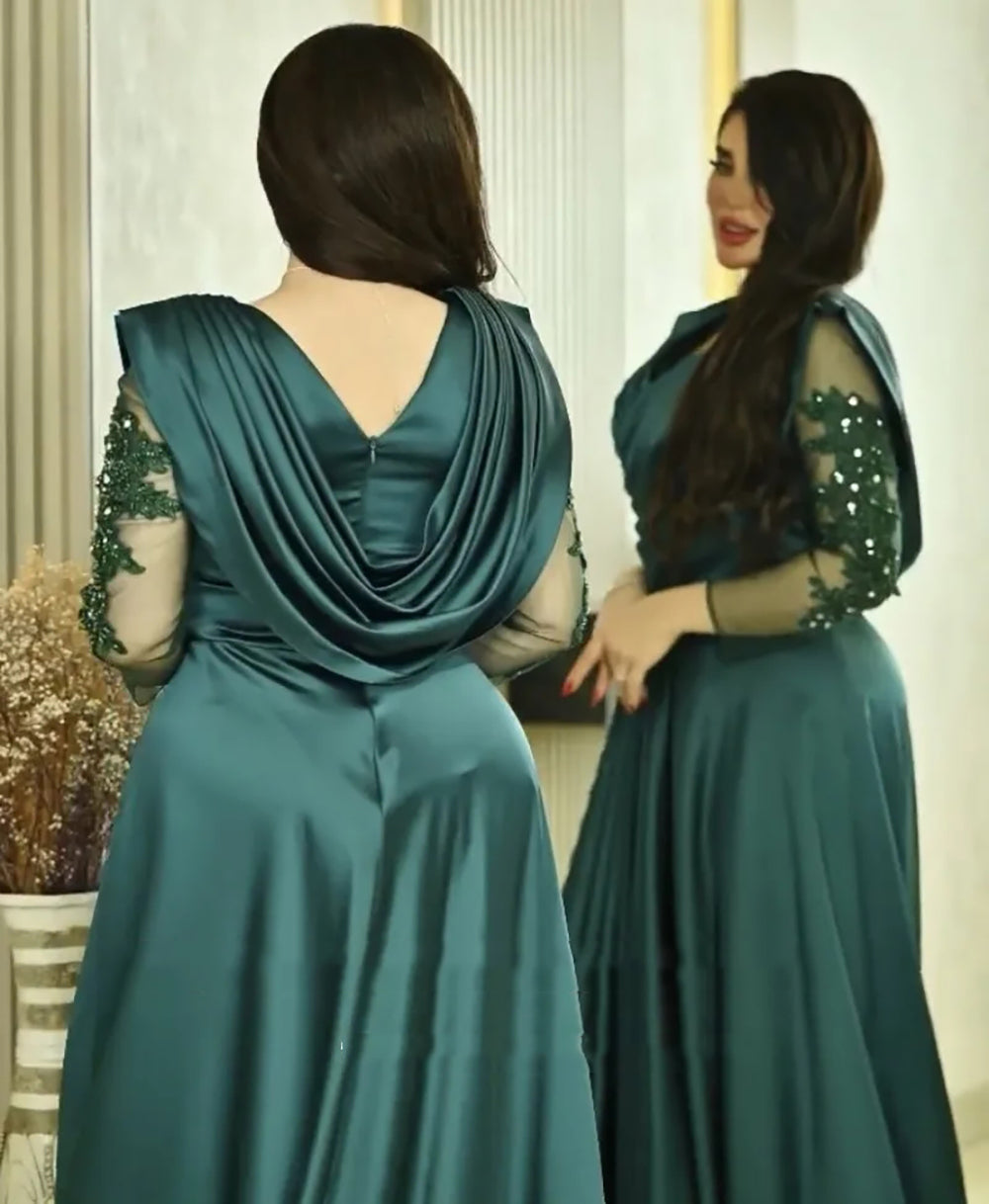 Robe de soirée à col en V avec appliques et perles, manches longues, robe de soirée formelle