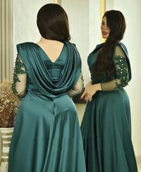 Robe de soirée à col en V avec appliques et perles, manches longues, robe de soirée formelle