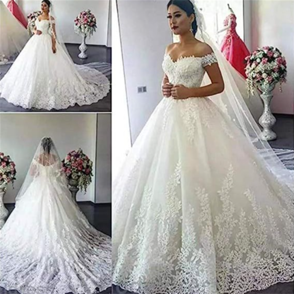 Vestido de Noiva Plus Size Ombros Descobertos 2025 Vestido de Noiva Linha A Aplicações de Renda em Tule Vestido Nupcial