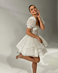 Litter Puff Sleeve Short Corset Wedding Party Dress Sparkling Layered Bridal Gown