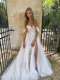 Off The Shoulder Wedding Dresses for Bride Tulle Bridal Gowns Sexy Split Long Boho Wedding Dress