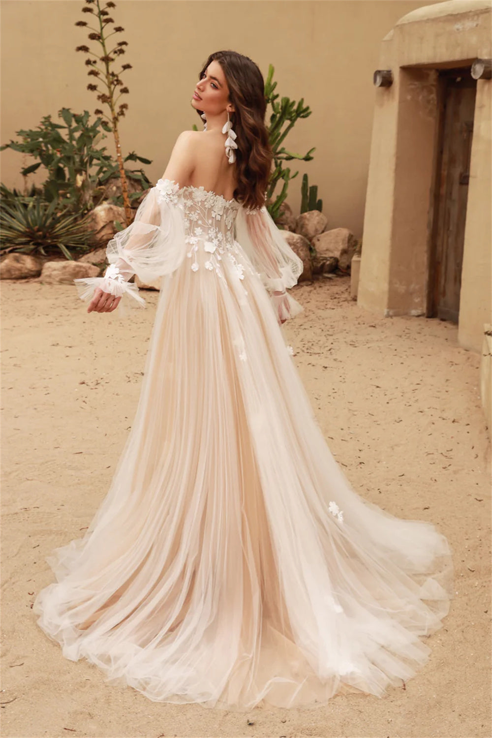 Detachable Long Puff Sleeves Wedding Dress V-neck Lace Flore Boho Bridal Dress Ms2503182