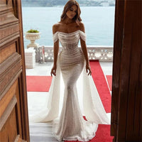 Sexy abito da sposa sirena aderente con glitter, scollo a barca, abiti da sposa boho, abito da sposa lucido