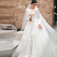 Vintage Satin Wedding Dress Modest Long Sleeves Muslim Princess A Line Brides Bridal Gown